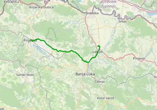 Route map Banja Luka Airport - Prijedor, 65 km, approx. 75 min