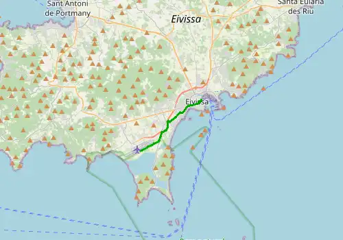Route map Ibiza Airport (IBZ) - Santa Eulalia del Río, Ibiza, 8 km, approx. 16 min