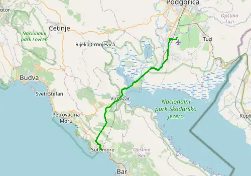 Route map Podgorica Airport - Sutomore, 38 km, approx. 54 min