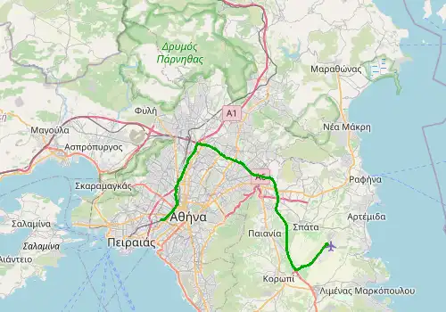 Route map Athens Airport - Tavros, 44 km, approx. 48 min