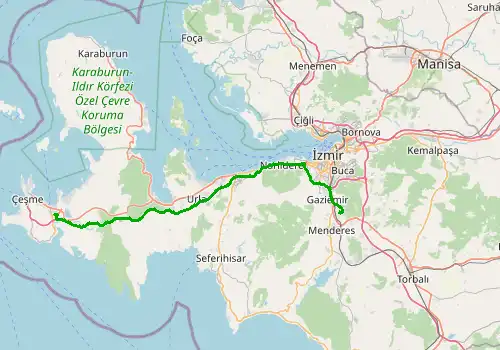 Route map Izmir Airport - Alacati, 87 km, approx. 59 min