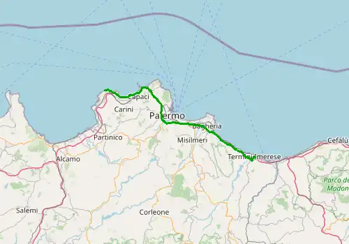 Route map Palermo Airport - Termini Imerese, Sicily Island, 69 km, approx. 60 min