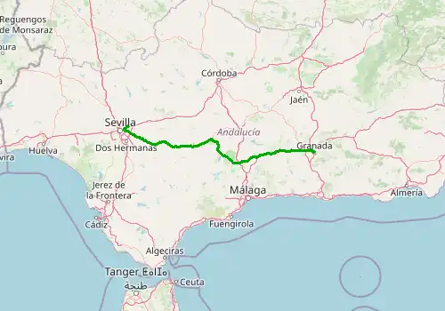 Route map Seville Airport (SVQ) - Granada, 253 km, approx. 165 min