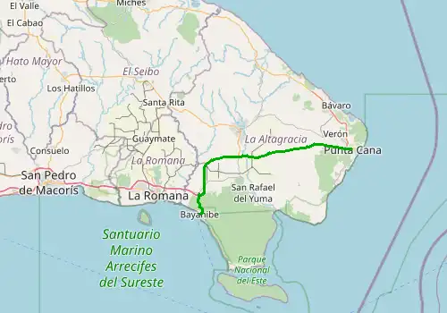 Route map Punta Cana Airport (PUJ) - Bayahibe, 68 km, approx. 50 min