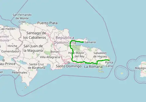 Route map Punta Cana Airport (PUJ) - Samana, 309 km, approx. 273 min
