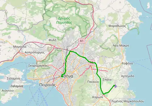 Route map Athens Airport - Acropolis, 44 km, approx. 46 min
