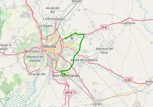 Route map Seville Airport (SVQ) - Dos Hermanas, 33 km, approx. 26 min