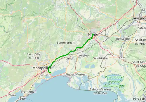 Route map Montpellier Airport - Nimes, 53 km, approx. 43 min