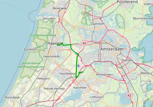Route map Amsterdam Airport - Haarlem, 20 km, approx. 20 min