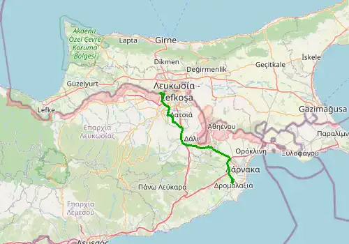 Route map Larnaca Airport - Pernera, 55 km, approx. 54 min