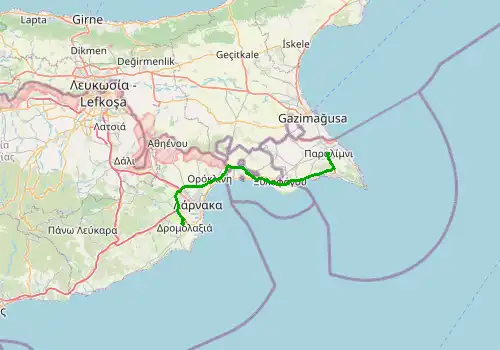 Route map Larnaca Airport - Paralimni, 59 km, approx. 48 min