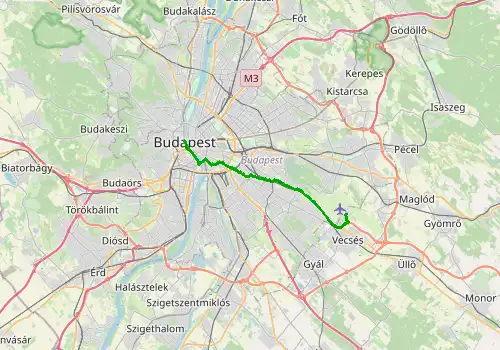 Route map Budapest Airport - Budapest, 23 km, approx. 39 min
