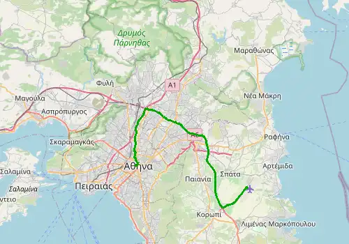 Route map Athens Airport - Plaka, 43 km, approx. 45 min