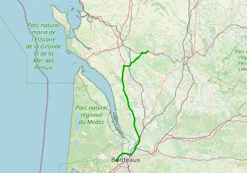 Route map Bordeaux Airport - Cognac, 130 km, approx. 98 min