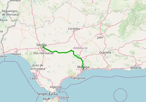 Route map Seville Airport - Malaga, 209 km, approx. 137 min