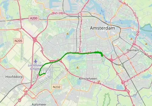 Route map Amsterdam Airport - Amsterdam Zuid, 15 km, approx. 13 min