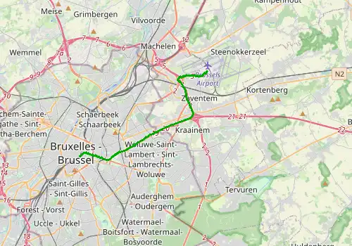 Route map Brussels Airport - Brussels Central Train Station, 14 km, approx. 19 min