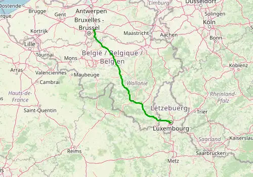 Route map Brussels Airport - Luxembourg, 215 km, approx. 128 min