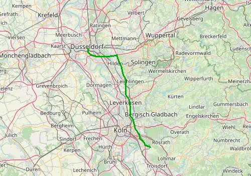 Route map Cologne Bonn Airport - Dusseldorf, 53 km, approx. 39 min
