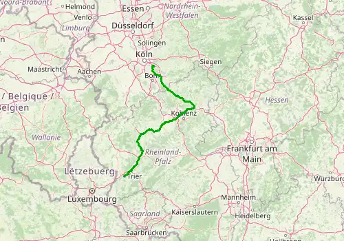 Route map Cologne Bonn Airport - Trier, 218 km, approx. 117 min