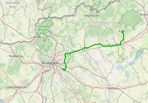 Route map Budapest Airport - Eger, 135 km, approx. 89 min