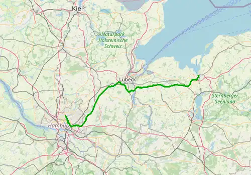 Route map Hamburg Airport - Wismar, 132 km, approx. 96 min