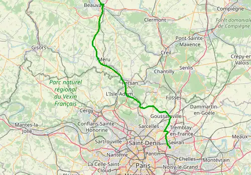 Route map Paris Beauvais Airport - Saint Denis  Paris, 88 km, approx. 64 min