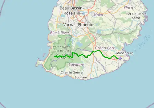Route map Mauritius Airport - Chamarel, 43 km, approx. 44 min