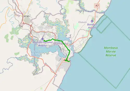 Route map Mombasa Airport - Diani Beach, 14 km, approx. 20 min