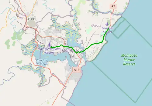 Route map Mombasa Airport - Nyali Beach, 19 km, approx. 16 min