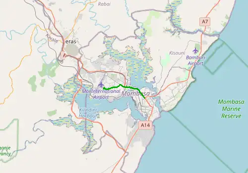 Route map Mombasa Airport - Mombasa, 8 km, approx. 8 min