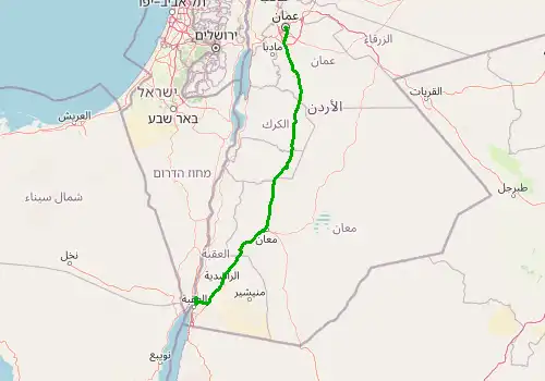 Route map Aqaba King Hussein Airport - Amman, 334 km, approx. 214 min