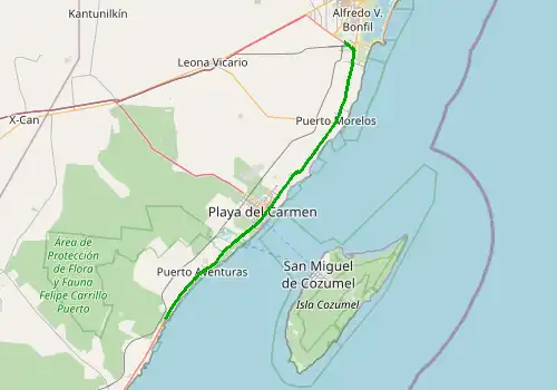 Route map Cancun Airport-Akumal, 90 km, approx. 66 min
