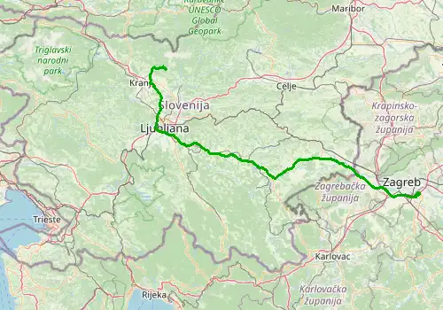 Route map Zagreb Airport-Krvavec, 195 km, approx. 142 min