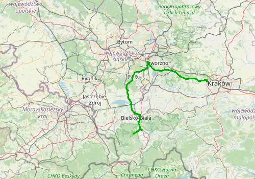 Route map Krakow Airport-Szczyrk, 134 km, approx. 108 min