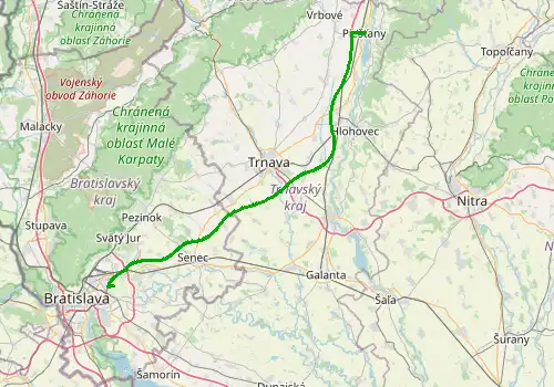 Route map Bratislava Airport - Piestany, 77 km, approx. 52 min