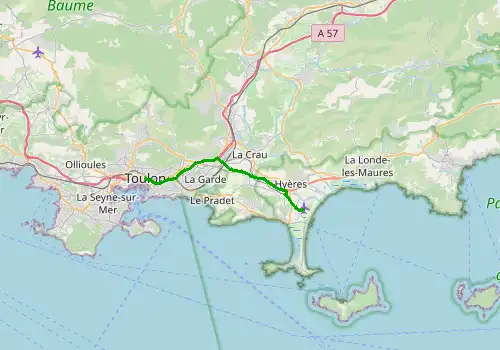 Route map Toulon - Hyeres Airport - Toulon, 22 km, approx. 25 min