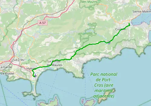 Route map Toulon - Hyeres Airport - Port Grimaud, 48 km, approx. 57 min