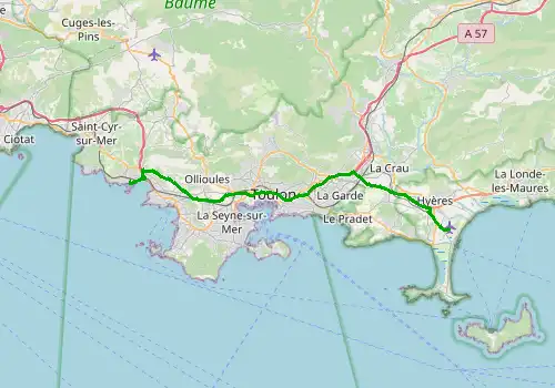 Route map Toulon - Hyeres Airport - Bandol, 39 km, approx. 40 min