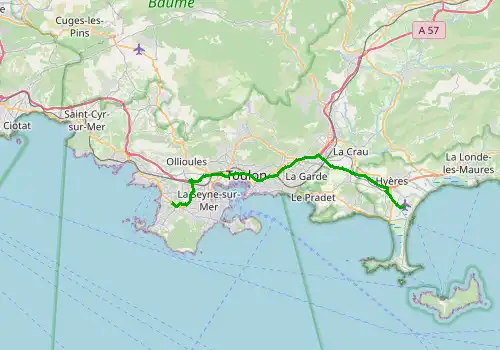 Route map Toulon - Hyeres Airport - Six Fours les Plages, 34 km, approx. 38 min