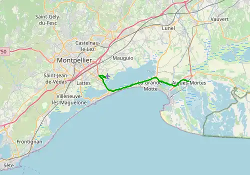 Route map Montpellier Airport - Aigues-Mortes, 25 km, approx. 23 min