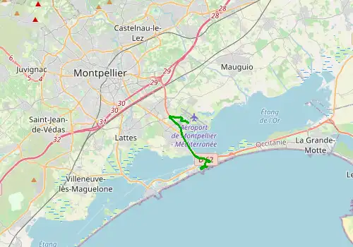 Route map Montpellier Airport - Carnon, 9 km, approx. 10 min