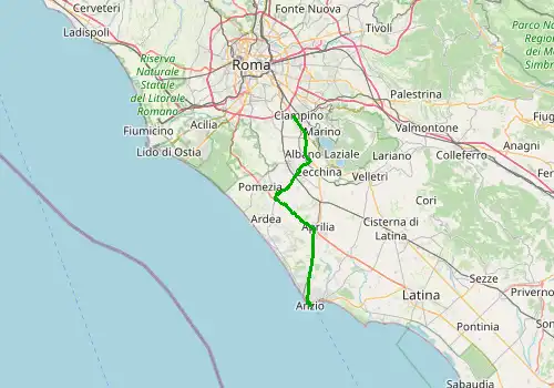 Route map Rome Ciampino Airport - Anzio, 50 km, approx. 63 min
