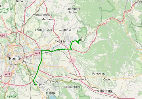 Route map Rome Ciampino Airport - Tivoli, 37 km, approx. 36 min