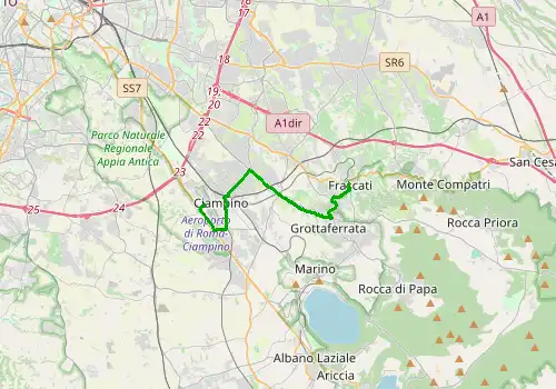 Route map Rome Ciampino Airport - Frascati, 14 km, approx. 23 min