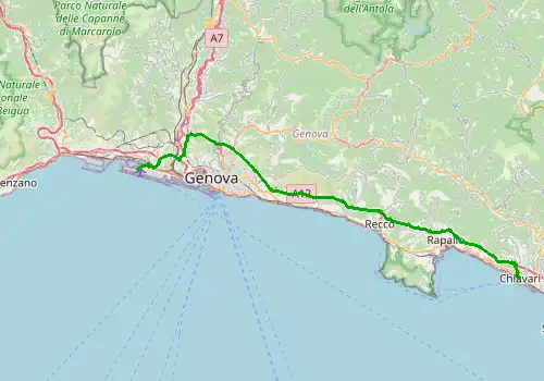 Route map Genoa Airport - Chiavari, 48 km, approx. 44 min