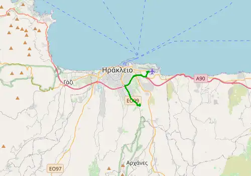 Route map Heraklion Airport - Knossos, Island of Crete, 8 km, approx. 11 min