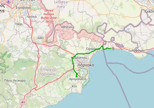 Route map Larnaca Airport - Dhekelia, 28 km, approx. 26 min
