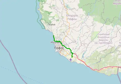 Route map Paphos Airport - Kissonerga, 20 km, approx. 25 min