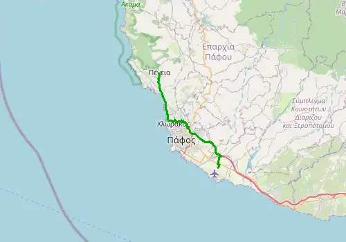 Route map Paphos Airport - Pegeia, 26 km, approx. 35 min